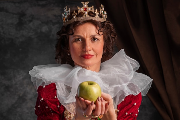 Portrait of queen with crown and apple fruit