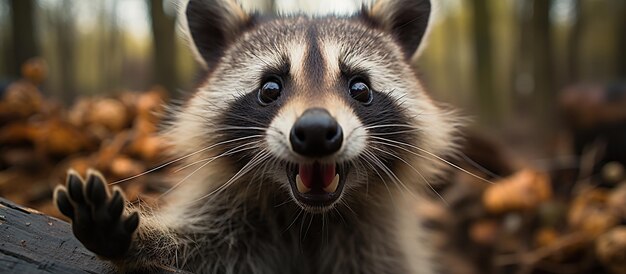 Portrait of a raccoon in the autumn forest with fallen leaves