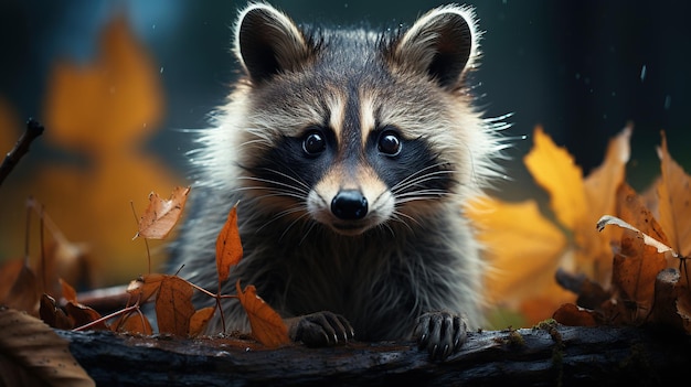 Free photo portrait of a raccoon in the autumn forest with fallen leaves