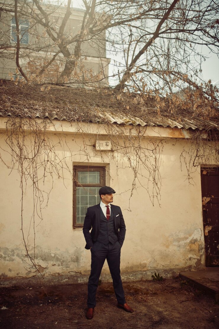 Free Photo portrait of retro 1920s english arabian business man wearing dark suit tie and flat cap