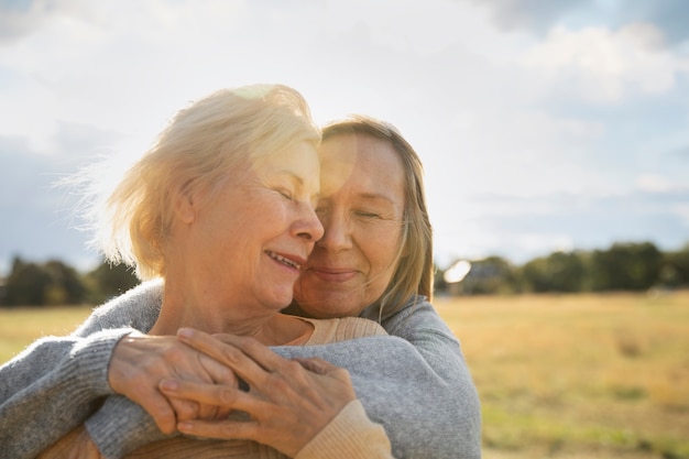 Portrait of romantic elderly lesbian couple