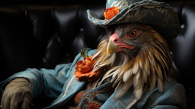 Free photo portrait of a rooster in a hat with an orange rose