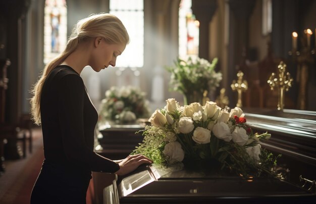 Портрет грустной женщины на похоронах