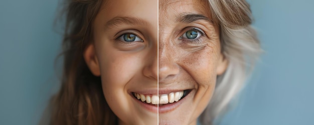 Free photo portrait of same young and old woman smiling ai generated