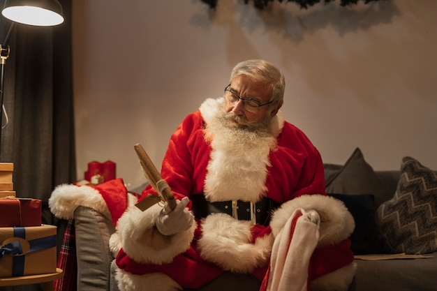 Free photo portrait of santa claus holding a present