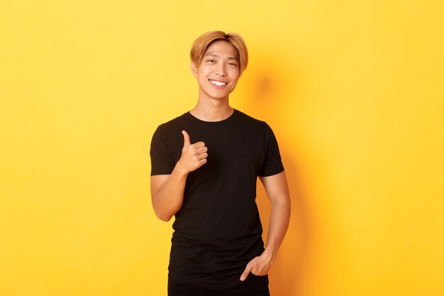 Portrait of satisfied handsome asian blond guy, smiling pleased, showing thumbs-up in approval, standing yellow wall