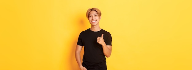 Free photo portrait of satisfied handsome asian blond guy smiling pleased showing thumbsup in approval standing