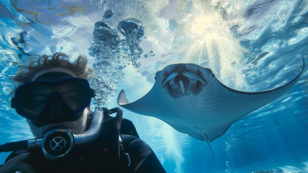 海洋生物と一緒に海水でスキューバダイバーの肖像画