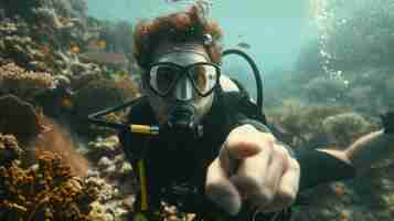 Free photo portrait of scuba diver in the sea water with marine life