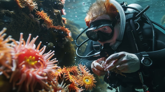 Free photo portrait of scuba diver in the sea water with marine life