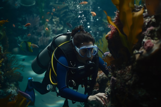 Free photo portrait of scuba diver in the sea water with marine life