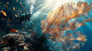 Foto gratuita ritratto di un subacqueo nell'acqua del mare con la vita marina