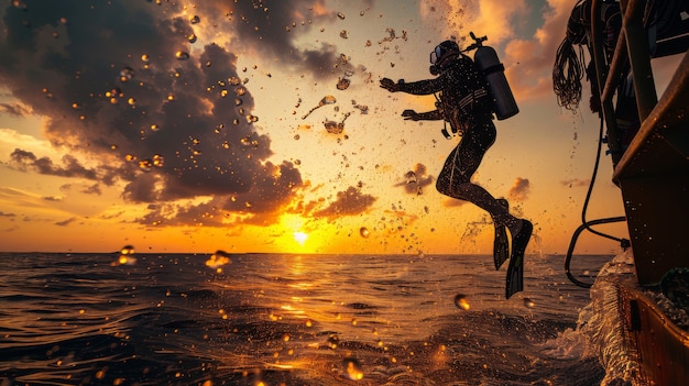 Portrait of scuba diver in the sea water with marine life