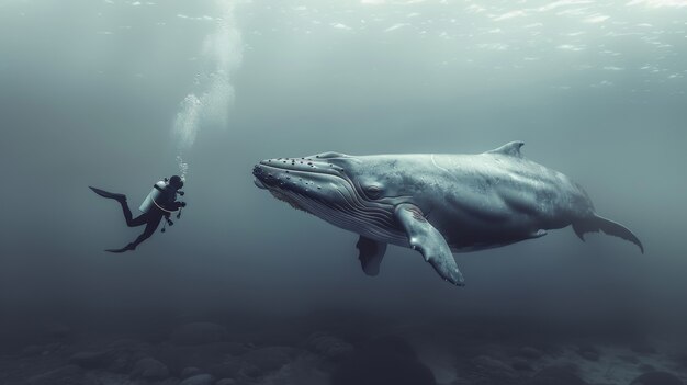 海洋生物と一緒に海水でスキューバダイバーの肖像画