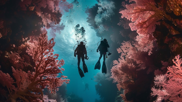 無料Photo 海洋生物と一緒に海水でスキューバダイバーの肖像画