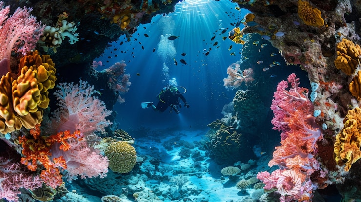 無料Photo 海洋生物と一緒に海水でスキューバダイバーの肖像画