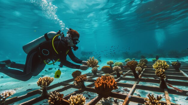 Foto gratuita ritratto di un subacqueo nell'acqua del mare con la vita marina