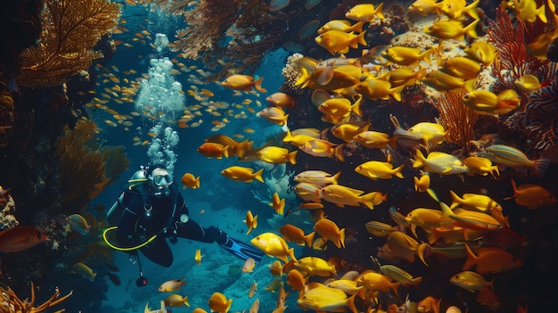 Foto gratuita ritratto di un subacqueo nell'acqua del mare con la vita marina