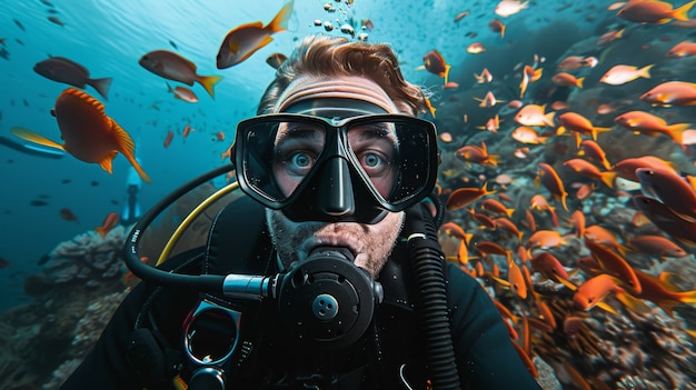 Free photo portrait of scuba diver in the sea water with marine life
