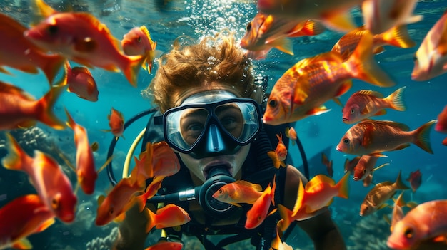 Foto gratuita ritratto di un subacqueo nell'acqua del mare con la vita marina