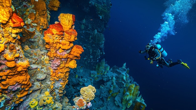 Foto gratuita ritratto di un subacqueo nell'acqua del mare con la vita marina