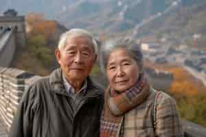 Free photo portrait of senior couple visiting the great wall of china