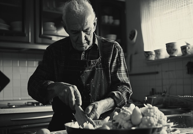 Foto gratuita ritratto di un uomo anziano che cucina