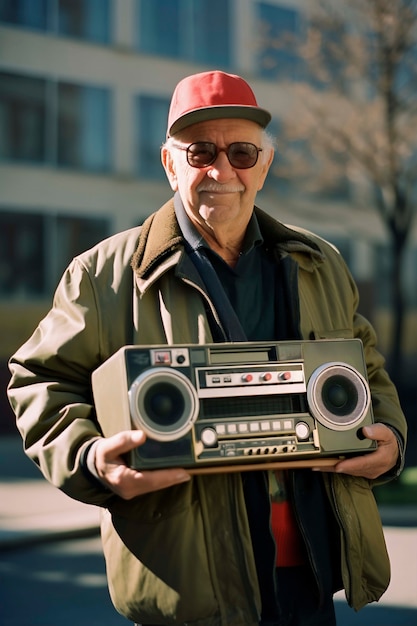 Portrait of senior person listening to the radio transmission