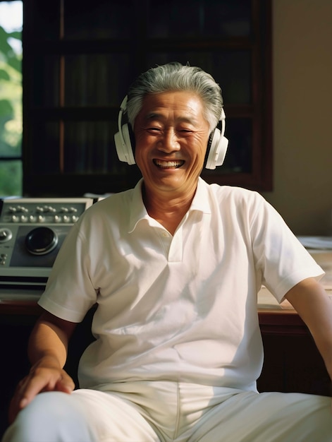 Free photo portrait of senior person listening to the radio transmission