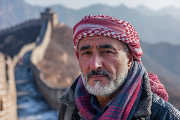 Portrait of senior tourist visiting the great wall of china