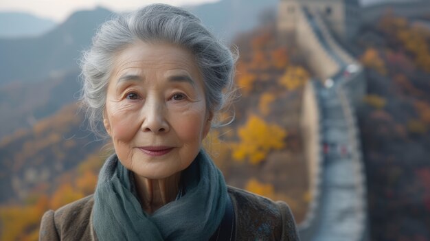 Портрет пожилого туриста, посещающего Великую Китайскую стену