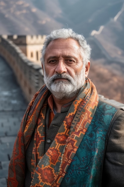 Free photo portrait of senior tourist visiting the great wall of china
