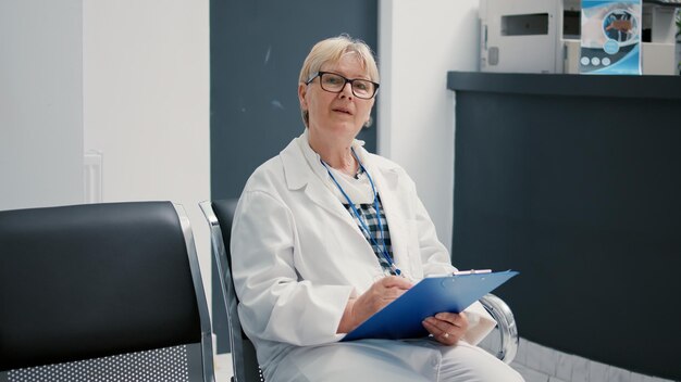 Portrait of senior woman doctor working on checkup report in waiting room at hospital reception desk. Surgeon preparing to consult patient with disease at examination appointment.