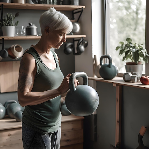 Free photo portrait of senior woman exercising with kettlebell in kitchen at home