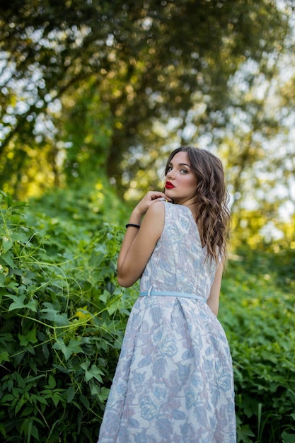 Free photo portrait of a sexy brunette girl in nature looking back over her shoulder in a light summer dress