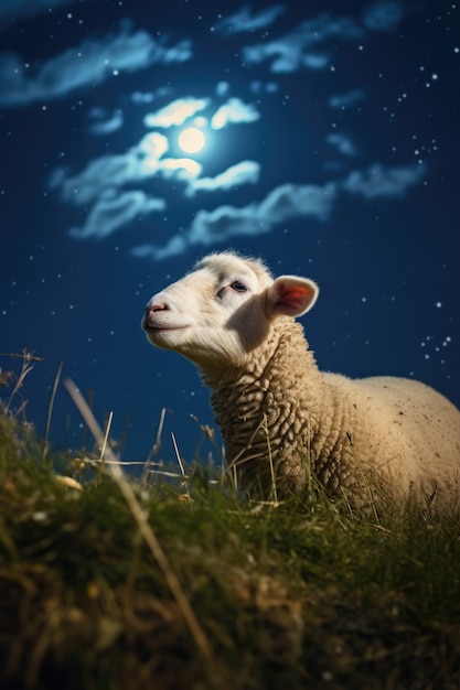 Portrait of sheep at night with moon