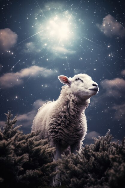 Portrait of sheep at night with moon