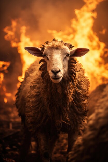 Portrait of sheep with fire burning