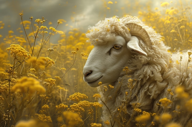 Portrait of sheep with flowers field