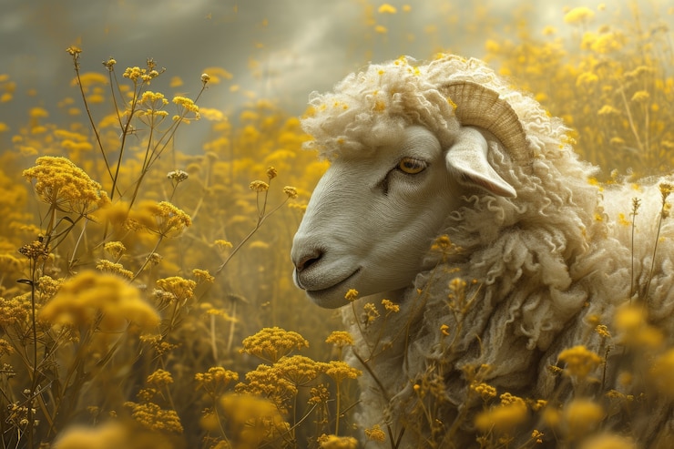 Free Photo portrait of sheep with flowers field