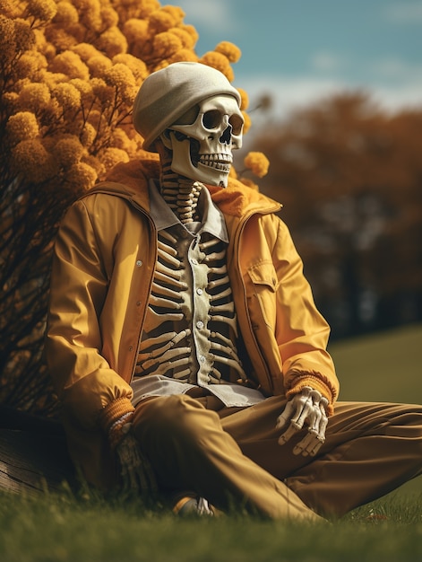 Portrait of skeleton basking in the sun with flowers