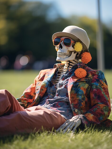 Portrait of skeleton basking in the sun with flowers
