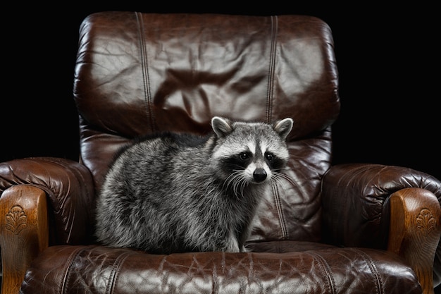 Free photo portrait of small white grey raccoon on black