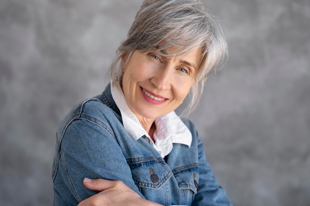 Portrait of smiley senior woman in jean jacket