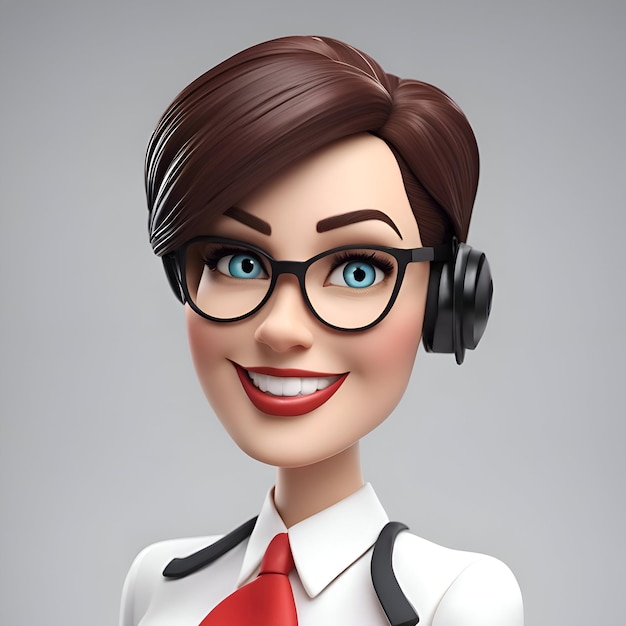 Портрет улыбающейся деловой женщины в очках с наушниками на сером фоне