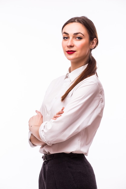 Foto gratuita ritratto di donna sorridente di affari, su fondo bianco