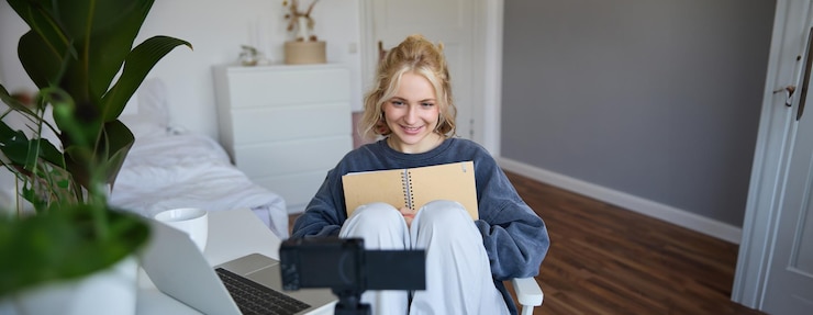 Free Photo portrait of smiling cute woman lifestyle blogger sits in her room with daily journal or planner