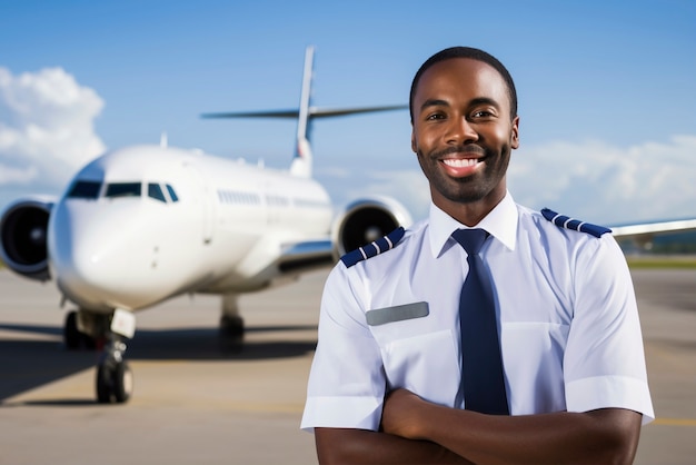 Free photo portrait of smiling pilot with airplane behind him