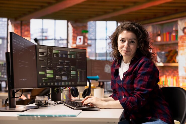 Free Photo portrait of smiling woman in startup office coding