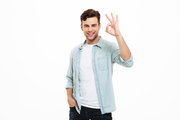 Portrait of a smiling young man standing and showing ok